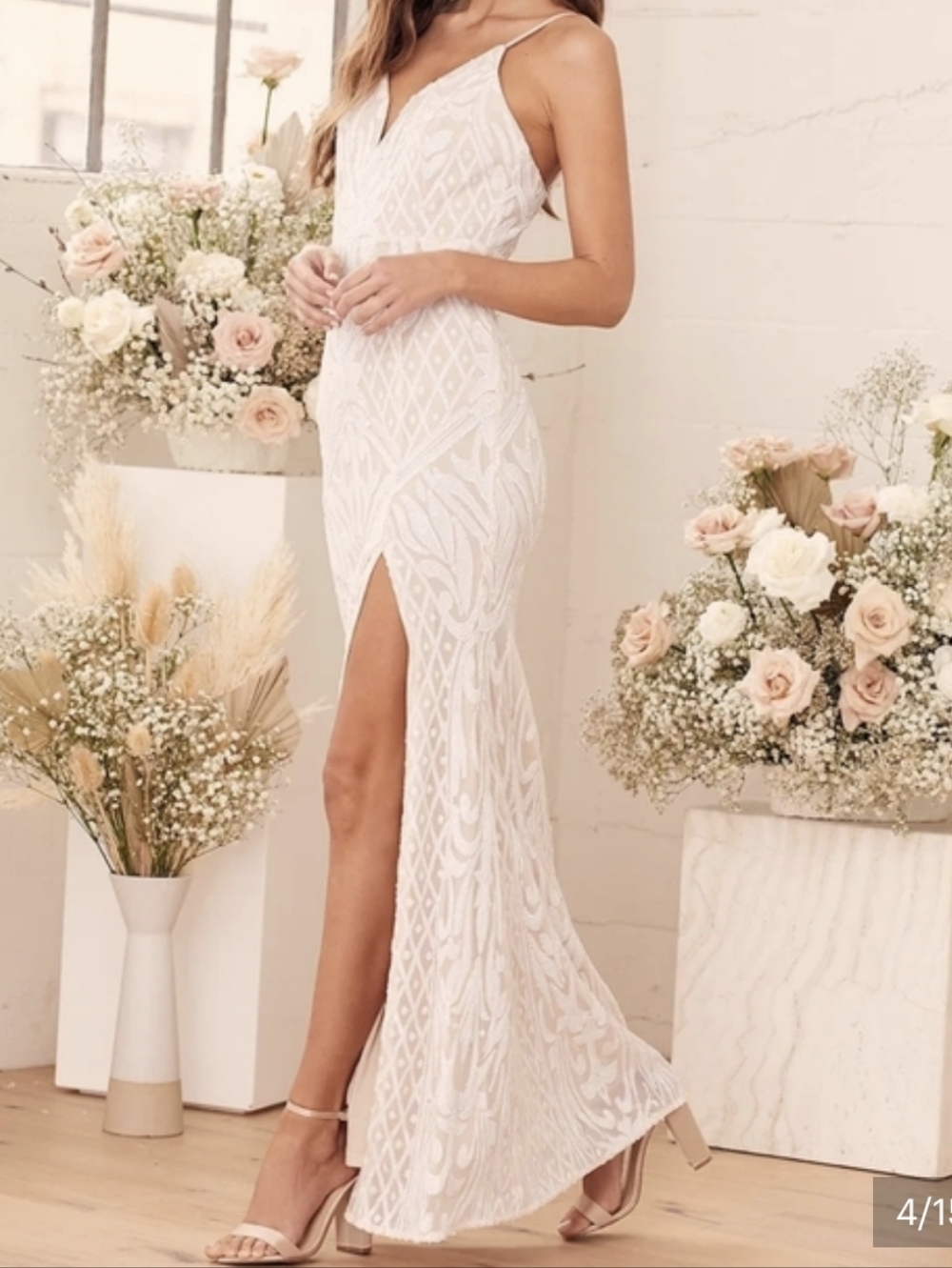 NWT Lulu's Ivory Beaded Lace Maxi Dress with Spaghetti Straps..SIZE:S - Picture 4 of 16